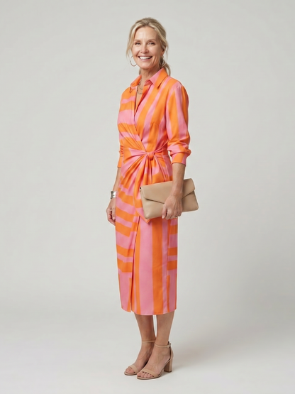 Leya | Long Sleeve Collared Wrap Stripe Pattern Midi Dress
