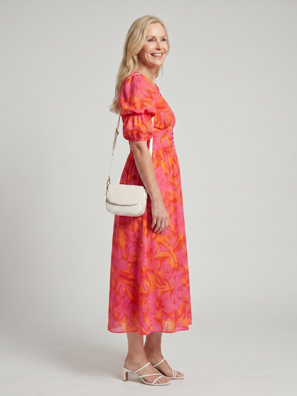 Zarelle | Puff Sleeve V Neck Bold Floral Print Midi Dress