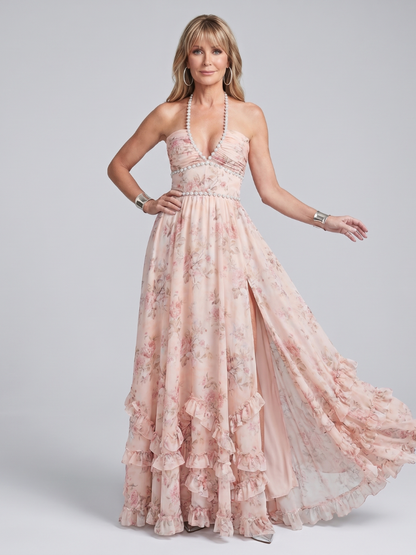 Alessia | Halter Neck Floral Beaded Strap Maxi Dress